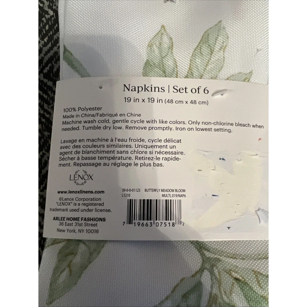 NEW~LENOX NewSET OF 6 DINNER NAPKINS~ BUTTERFLY MEADOW BLOOM  19 X‎ 19
